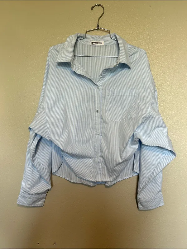 Princess Polly Pale Blue Striped Relaxed Coastal Button-Down Shirt Size 6 - Image 2