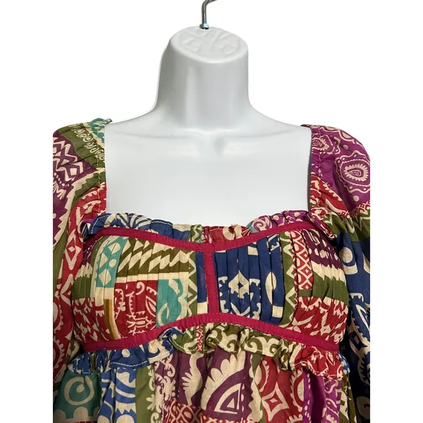 Dress Forum Los Angeles NWOT Multicolor Patchwork Square‎ Neck Puff Sleeve Top - Image 2