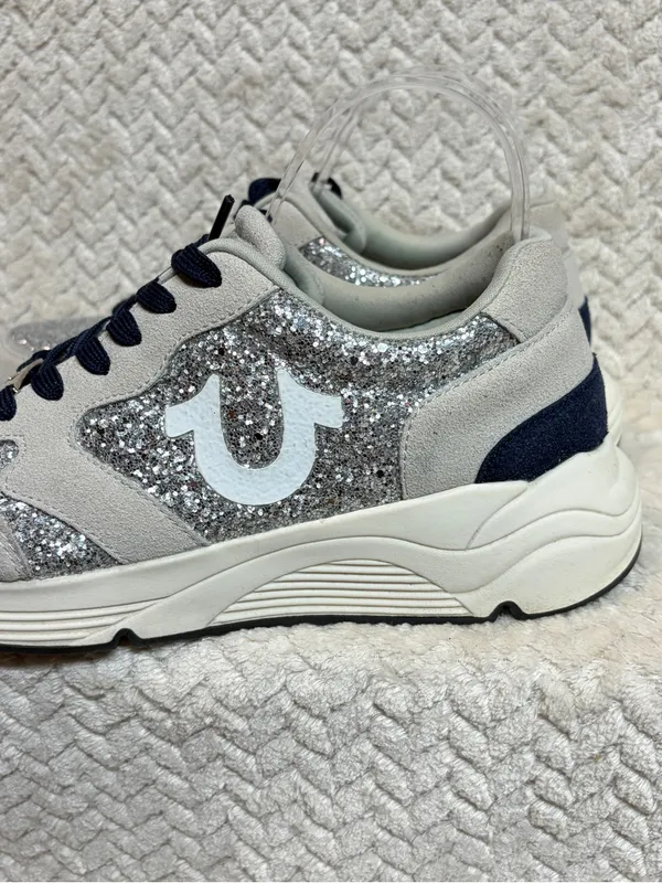 True‎ Religion Esther Silver Glitter Sneakers US 8 Suede Trim Chunky Y2K - Image 5