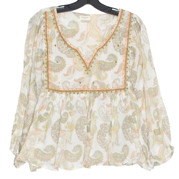 World Market Top Floral Paisley Boho Cottage Prairie Peasant Puff Sleeve S/M - Image 2