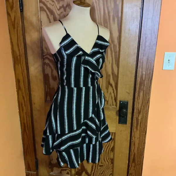 Lydelle Small Black White Striped Ruffle Crossover Mini Dress - Image 6