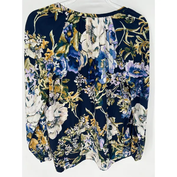 CHICO'S 0 Floral Peasant Blouse Women Small 4 Navy Blue Long Sleeve Split‎ Neck - Image 5