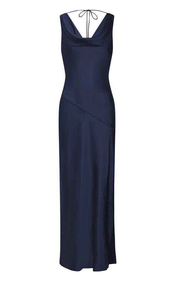 New Showpo Adilah Maxi Dress Cowl Neck Satin Dress In Navy Size Small MSRP $129 - Image 7