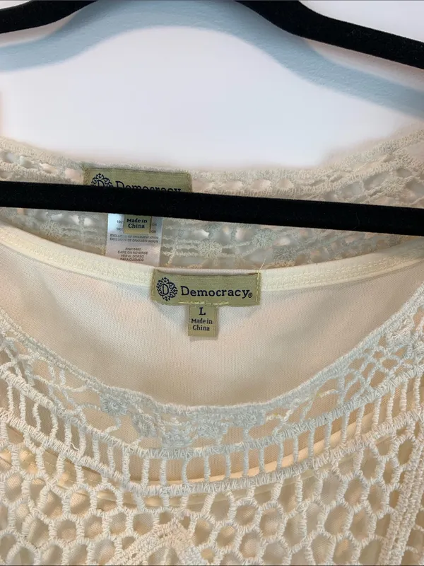 Democracy crochet 3/4 sleeve sz L whimsical boho resort vacation sheer indie - Image 2
