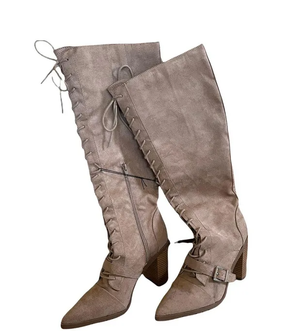 NEW Charles David Dysfunctional Leather Stacked Heel Knee-High Boots Suede - Image 3