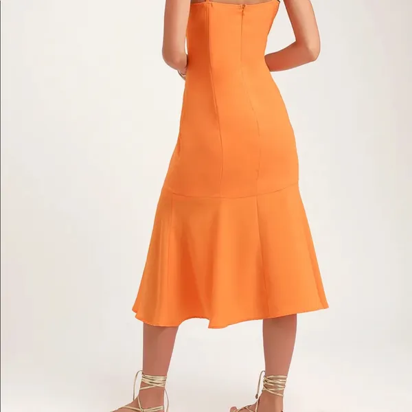 Lulus Bright Orange V Neck Midi Dress NWT Small Summer Wedding Guest Cocktail - Image 2