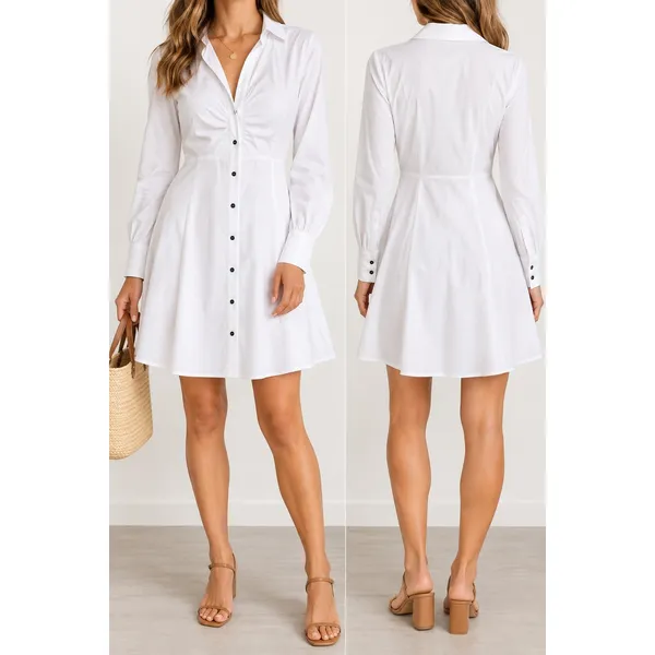 DR2 White Ruched Button Front Shirt Dress M NWT Cottagecore Minimalist - Image 2