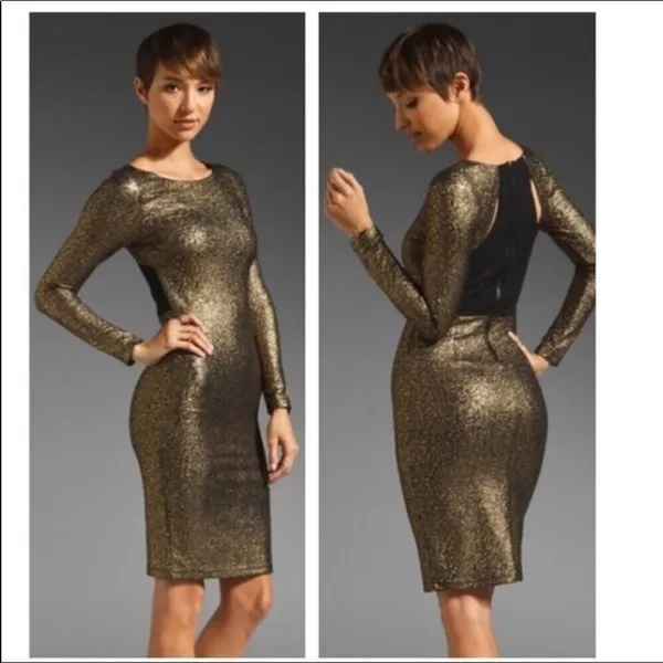 Alice and Olivia Gold Metallic Bodycon Midi Cocktail Party Dress - Image 4