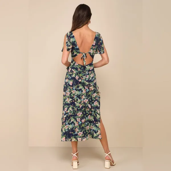 NWT Lulu's Next To You Navy Blue Floral V-Neck Ruffle Midi Dress - Image 2