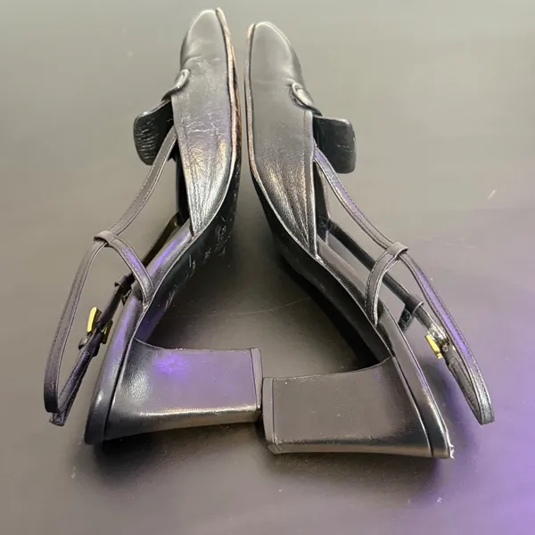 Vintage Prada Black Leather Square Toe Slingback Pump Size 35.5 Gold Buckle y2k - Image 9