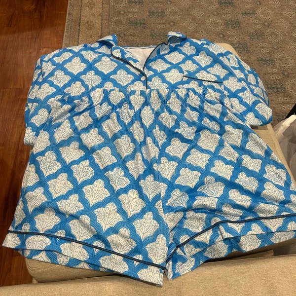 Blue and White Women’s Short Sleeve and Shorts Pajamas - Image 2