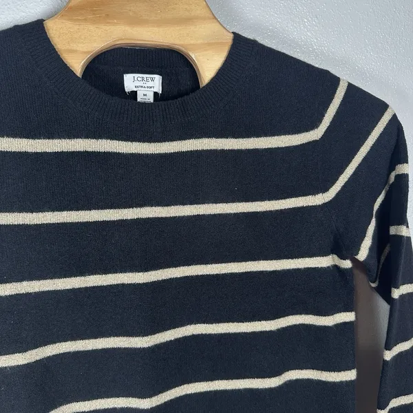J Crew Extra Soft Wool Blend Shimmer Black Gold Striped Crewneck‎ Sweater Medium - Image 2