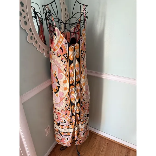 Perry Walker Silk Blend Midi Maxi Dress‎ Size Small Orange Abstract - Image 2