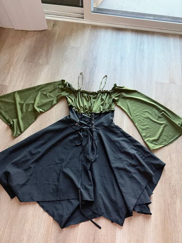 Romwe Olive Green Black Lace Up Bell Sleeve Renaissance Cottagecore Dress Size S - Image 7