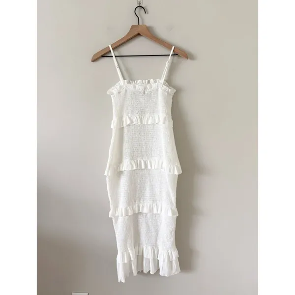 Shein White Smocked Tiered Ruffle Thin Strap Cotton Midi Dress Size XS - Image 3