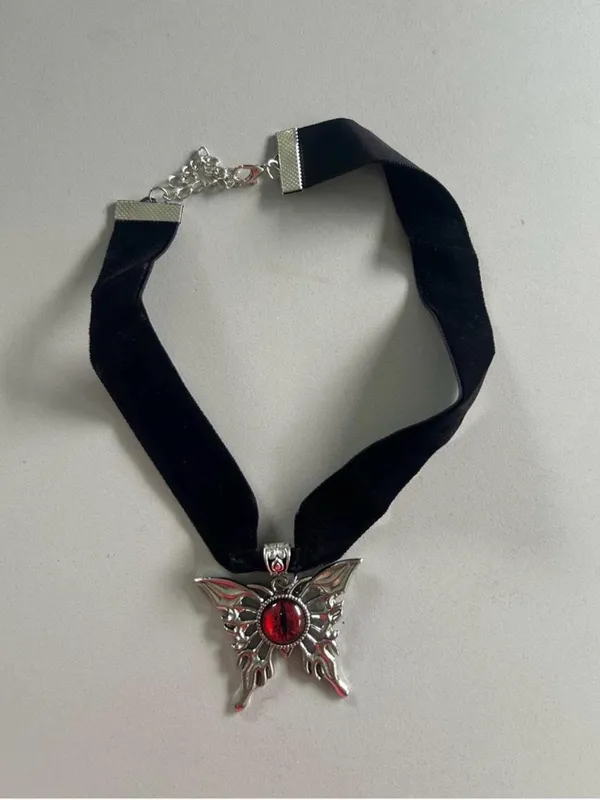 Black Ribbon Choker Necklace Silver Tone Butterfly Charm Pendant Red Center - Image 6