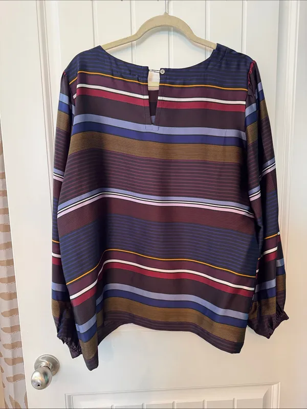 LOFT Striped Long-Sleeve Blouse in Burgundy, Navy & Gold - Image 2