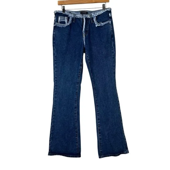 PrettyLittleThing Flare Low Rise Jeans Womens‎ 6 Dark Wash Distressed Y2K Retro - Image 4