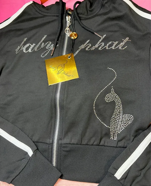 NWT Black Baby Phat Rhinestone Hooded Cropped Zipper Sweater - Image 3