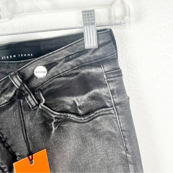RISEN High Rise Crossover Released Frayed Hem Two Tone Black Wash Denim Jeans 25 - Image 13
