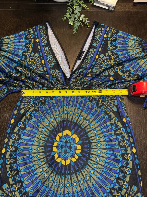 Boho Blue Geometric Mini Dress | V-Neck Bell Sleeve Bodycon Festival Resort - Image 4