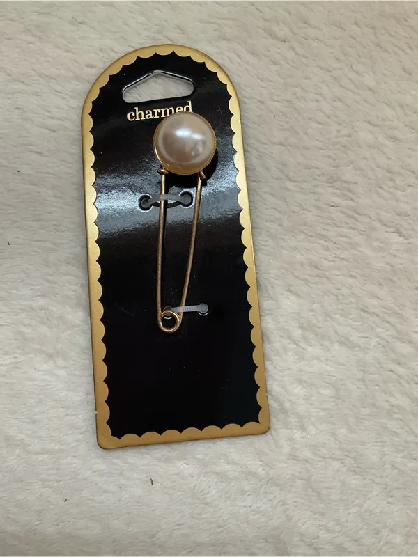 Charmed Faux Pearl Gold-Tone Safety Pin Brooch - Image 4
