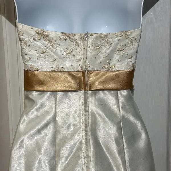 Jessica McClintock Gunne Sax Strapless Embroidered Gold Lace Satin Maxi Dress‎ 1 - Image 5