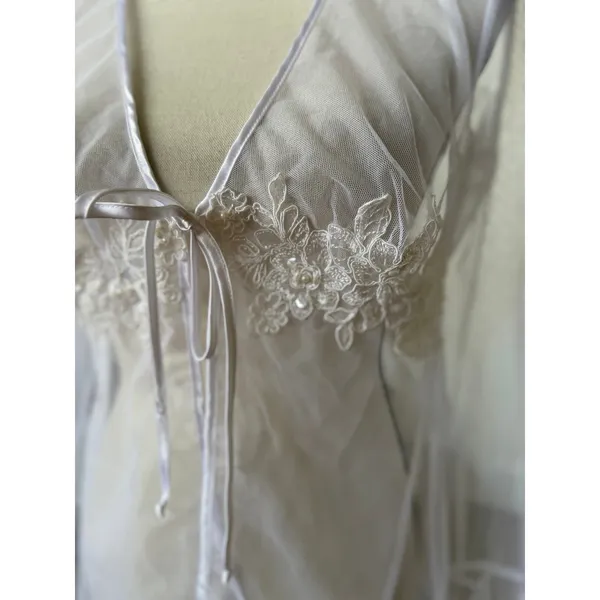 Vintage 90s White Mesh Tie Front Cardigan Embroidered Sequin Floral Whimsygoth - Image 2
