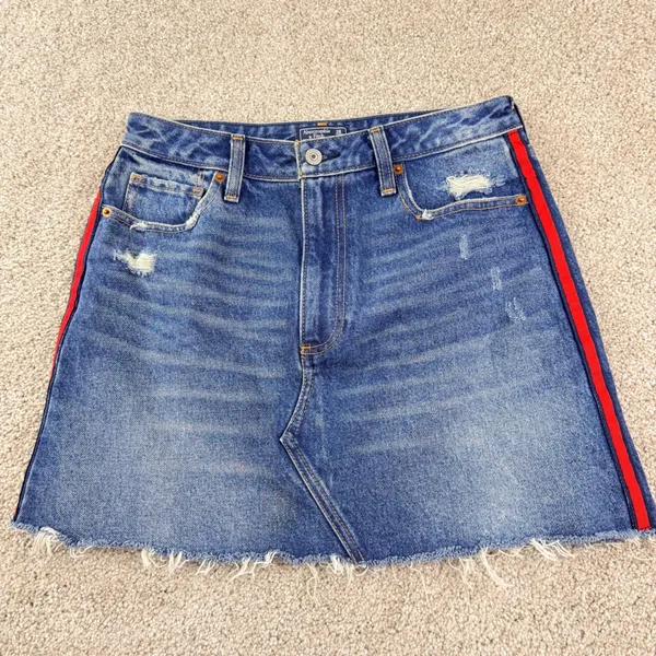 Abercrombie & Fitch Zoe Denim Mini Skirt Womens 28 6 Side Stripe‎ Raw Hem Y2K - Image 3