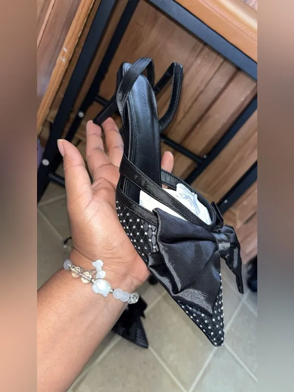 Black Studded Pointed Slingback Heels with Satin Bow Size 8.5 - Image 6