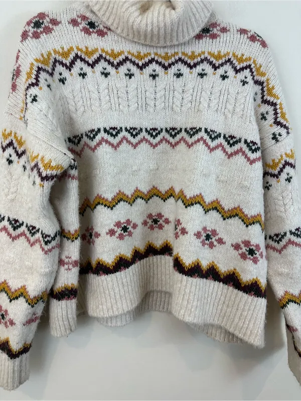Evereve Lyra Fair Isle Cream Multicolor Turtleneck Sweater Size Medium - Image 3
