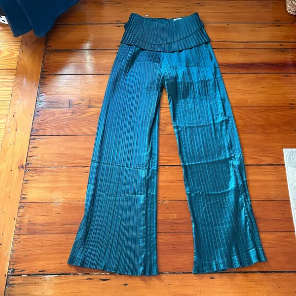 Andrea Iyamah Teal Wide-Leg Pleated Pants - Image 4