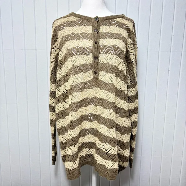 Peruvian Connection Vintage‎ Crochet knit Brown and Cream Striped Sweater Size L - Image 2