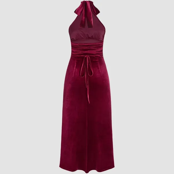 Burgundy Velvet Halter Bowknot Lace Up Maxi Dress: M/Size 6 - Image 2