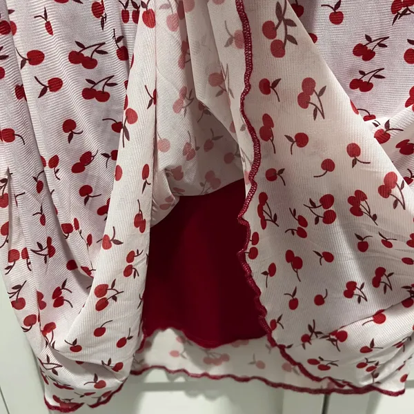 Romwe Coquette girl cherry print mesh lace trim sweetheart neckline dress red white xs - Image 6