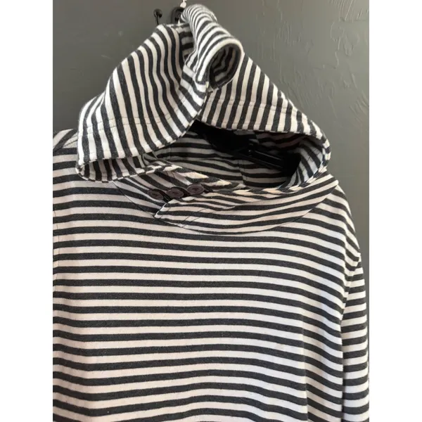 BKE Womens Striped Asymmetrical Button Neck Hoodie Sweatshirt Grey‎ White Large - Image 4