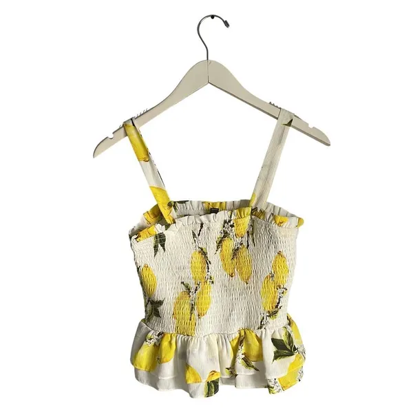 Aqua White Yellow Peplum Tank Top Smocked Lemons Novelty Prep Summer Vacation M‎ - Image 2