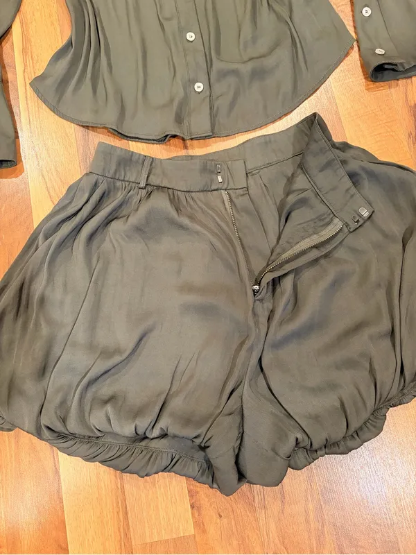 Free People Olive Green Relaxed Bubble Hem Shorts - Image 10