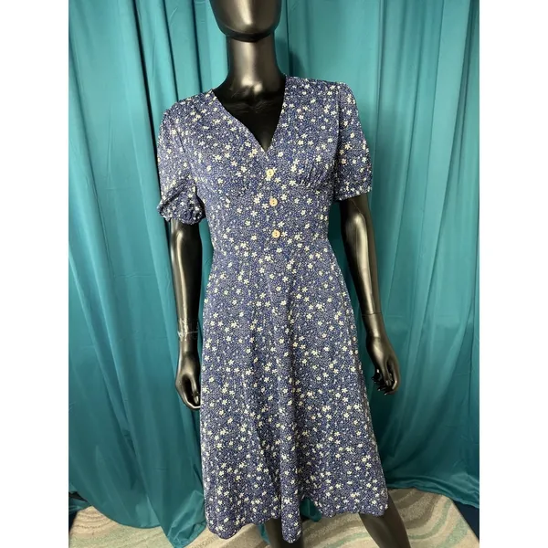 Droimp Blue Floral Print‎ Button Up V Neck Short Sleeve Midi Dres M - Image 2