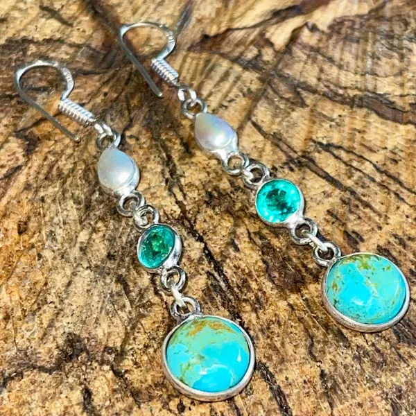 Stabilized Turquoise & Pearl Earrings 2 1/4” - Image 6