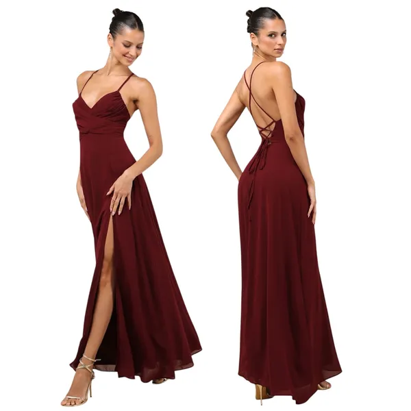 Lulus Event Ready Burgundy Backless Lace-Up Maxi Dress size XS EUC - Image 2