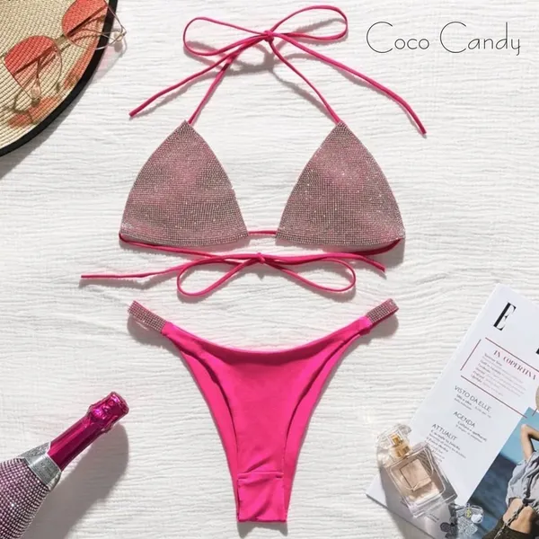 🆕Luxury Crystal Diamond Rhinestone Pink Bikini Set - Image 6