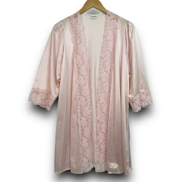 Vintage Avon Style Pink Satin Nylon Open Lace Trim Robe Midi Length Small Medium - Image 4