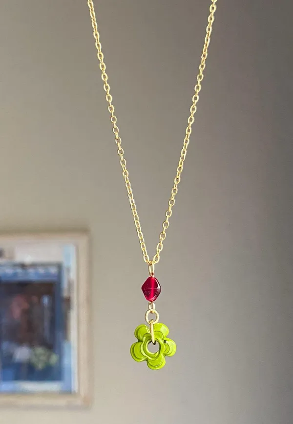 Handmade artisan chunky mini flower glass beads & red Czech glass beads cute fairy cottage chic necklace 💐🩵 - Image 2