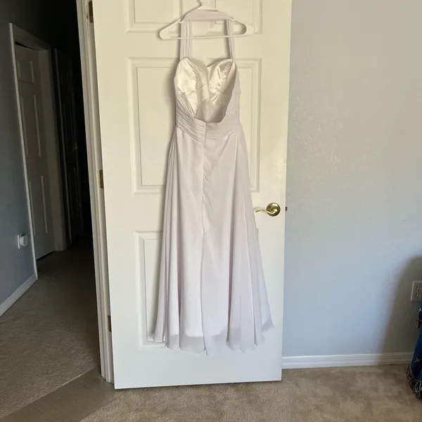 White bridal formal dress with beaded design, halter neck and zip back - Image 2