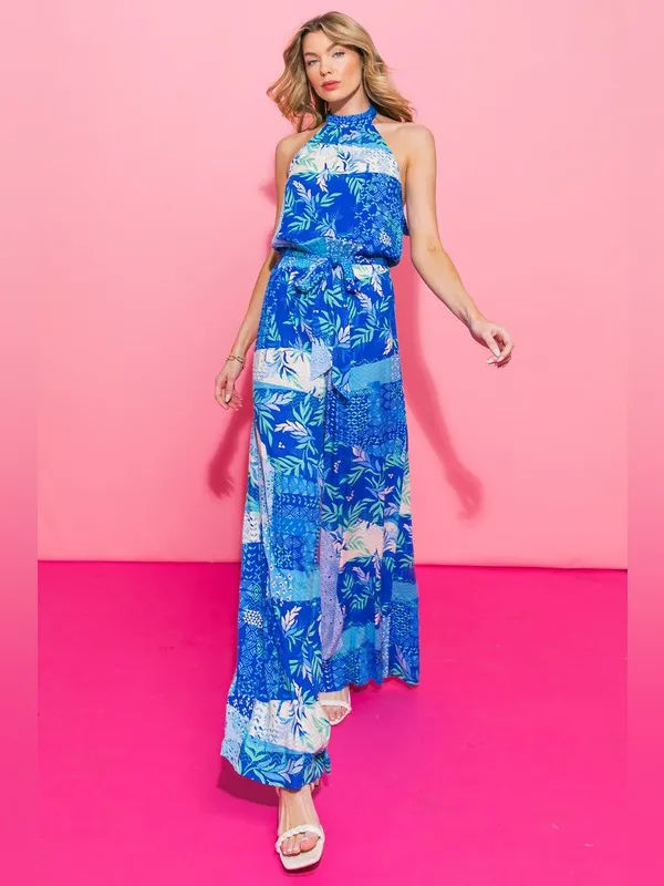 Flying Tomato Blue Halter Jumpsuit with Tropical Print Size NEW - Image 2