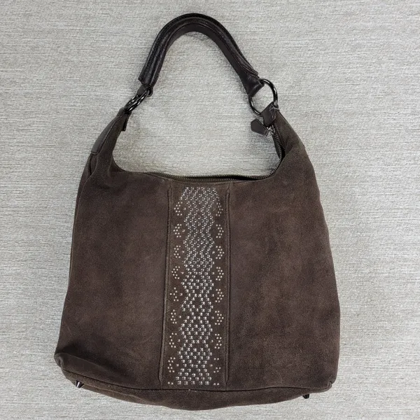 Via Spiga Suede Hobo Bag Brown Studded Rivet Leather Handle Y2K Boho Western - Image 3