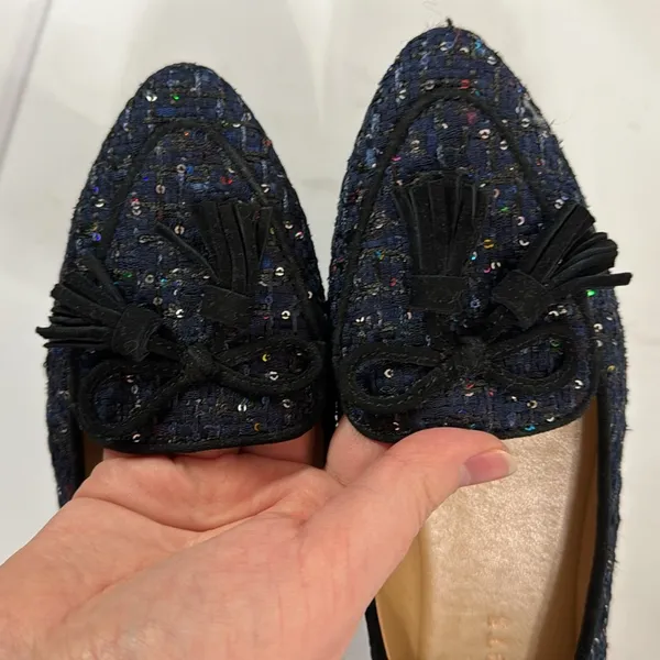 Talbots Francesca Tie Tassel Driving Moccasins in navy sequin tweed size 5.5 - Image 11
