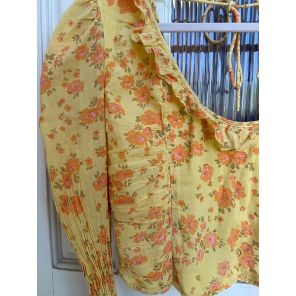Free People Yellow Floral Smocked Back Ruffle Crop Top Long Sleeve Size Medium - Image 2