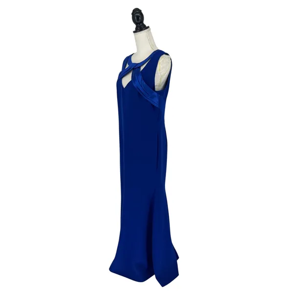 Theia Sleeveless Crepe Gown with Satin Crisscross in‎ Blue - Image 5